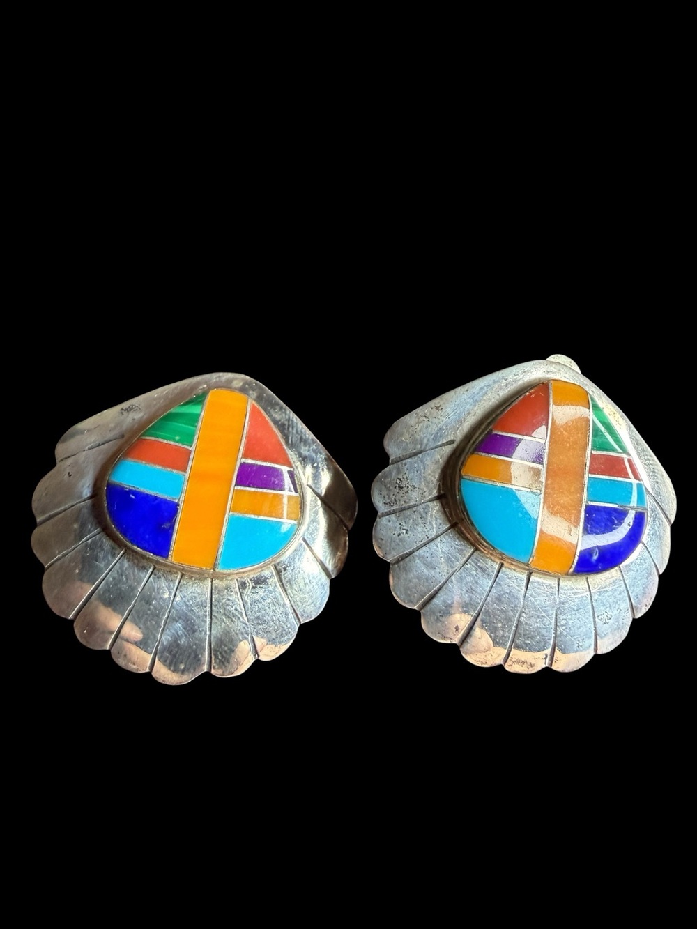 Sterling Silver Southwestern Mosaic Inlay Fan Clip Earrings Turquoise Lapis